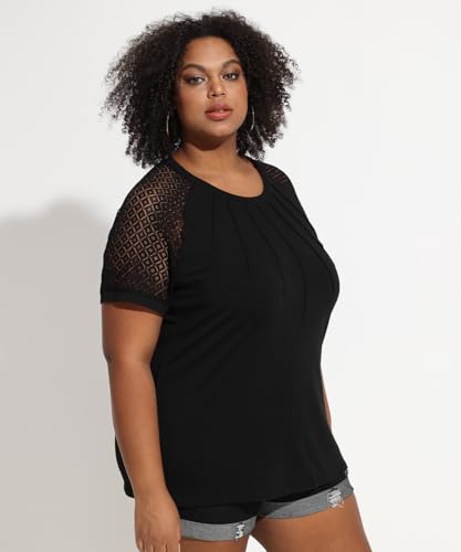 RITERA plus size tops for women summer crewneck short sleeve shirt Black lace raglan solid tunic loose fitting pullover casual tshirt oversize tee XL 14w 16w