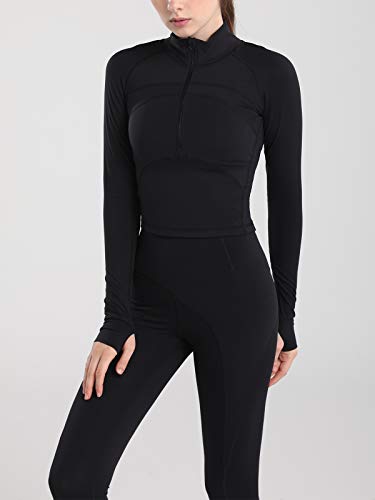 Vsaiddt Women's Athletic Half Zip Sweatshirt Lightweight Quick Dry Workout Yoga Running Crop Tops （A-Black-XS）