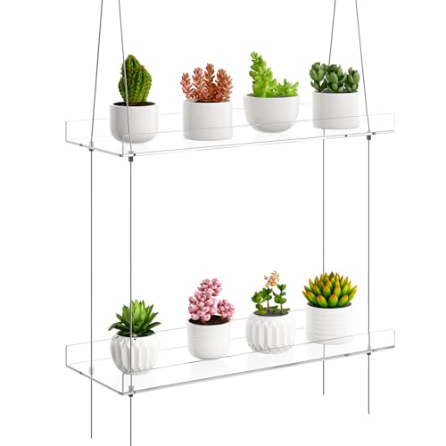 airogym 2-Tier Acrylic Plant Shelves for Window of Kitchen, 16 Inch Window Wall Clear Hanging Plant Stand, Height Adjustable Hanging Shelves for Indoor Window Plants, Succulents Flower Pots Organizer