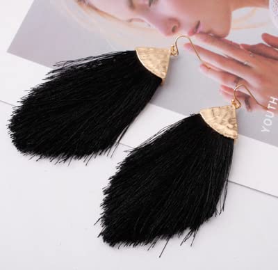 Seakuur Bohemian Silky Thread Fan Fringe Tassel Statement Earrings Lightweight Strand Feather Shape Dangles Earring Necklace Set for Women (Black)