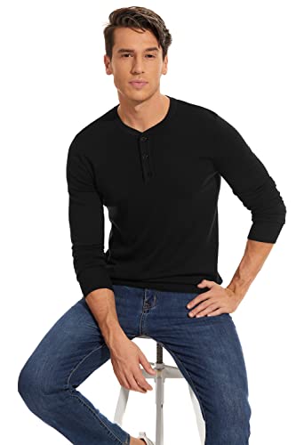 NITAGUT Mens Slim Fit Pullover Sweaters Long Sleeve Knitted Fabric Henley Sweater Black, Small