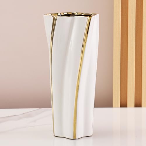 YUSHUIHOME White and Gold Vase, Ceramic Gold Vase Home Decor,Pentagon White Gold Vase Living Room Center Decor Nordic Modern for Living Room, TV Cabinet, Office, Templer, Flower Store (Large)