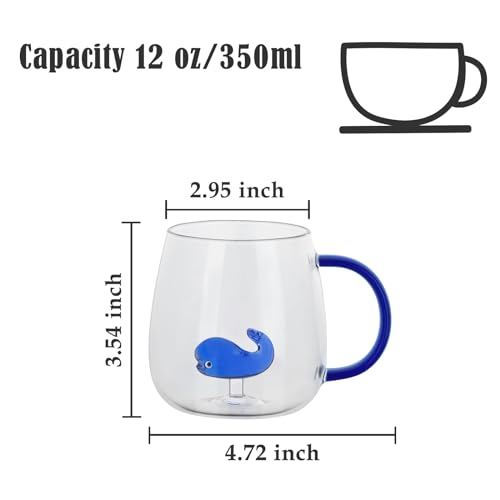 Koythin 3D Coffee Mug Cute Animal Inside Cup, Cartoon Glass Teacup for Boys Girls, 12oz/350ml Party Office Morning Mugs for Tea Juice Milk Chocolate Cappuccino (Blue Whale)