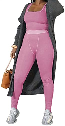 ZFLM Casual Workout Sets Two Piece Outfits for Women Ribbed Crop Tank Top High Waist Yoga Leggings Active Wear
