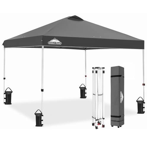 EAGLE PEAK Pop Up Canopy Tent with Wheeled Carry Bag, 8 Stakes, 4 Ropes, 4 Weight Bags, Easy Set Up Tent Canopy, 10x10 ft, 100sqft of Shade, White