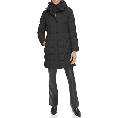 DKNY Women's Long Puffer, Bib-Front Black