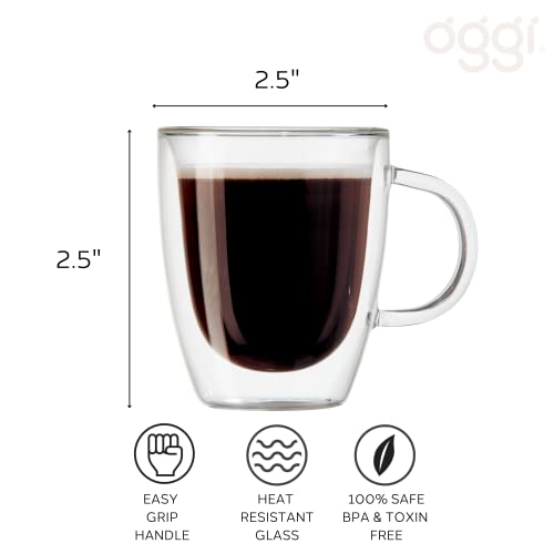 Oggi Set of 2 Double Wall Glass Espresso Cups - 3oz, Ultra Clear Borosilicate Glass Insulated Espresso Cup Set