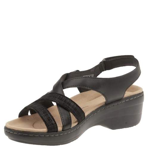 Clarks Women's Merliah Bonita Wedge Sandal, Black Leather, 8