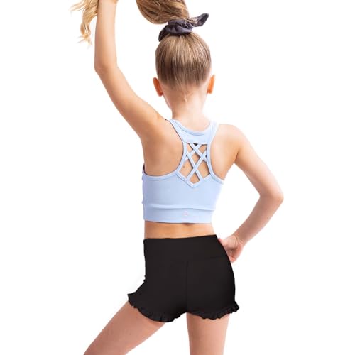 Peninpha Girls Athletic Ruffle Shorts High Waisted Spandex Shorts Stretch Youth Gymnastics Yoga Dance Shorts for Kid Age 5-14 Black