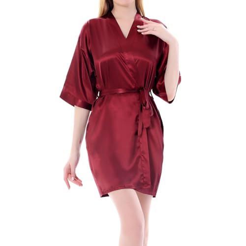 LuckyMoon Bride Robes Women's Satin Kimono Robe for Wedding Party Short Bridal Morning Robes with V-Neck Sleepwear Summer Satin Silk Dressing Gown for Women(Red-M)