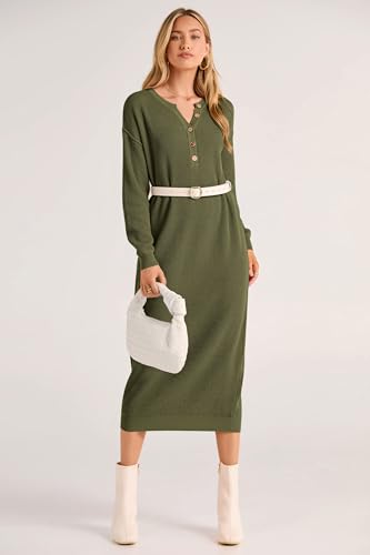 PRETTYGARDEN Women's 2024 Fall Knit Sweater Dress Long Sleeve Button V Neck Loose Casual Maxi Dresses (Army Green,Small)