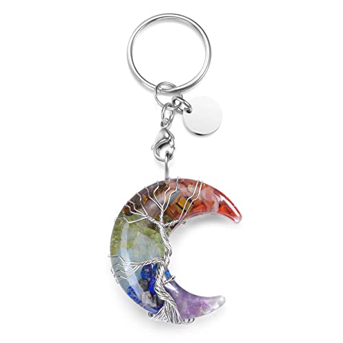 Jovivi 7 Chakra Healing Crystal Keychain Wrapped Crescent Moon Quartz Gemstone Pendant Resin Crystal Keyring for Women Mothers Day Gifts