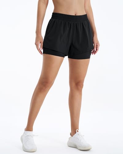 Stelle Women's 2 in 1 Running Shorts Athletic Workout Gym Shorts High Waisted Shorts with Liner Zipper Pockets (Black, X-Small)