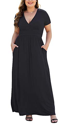 HAOMEILI Women's Short Sleeve Floral Print V Neck Loose Plain Maxi Dresses Casual Long Dresses with Pockets Blue 2XL