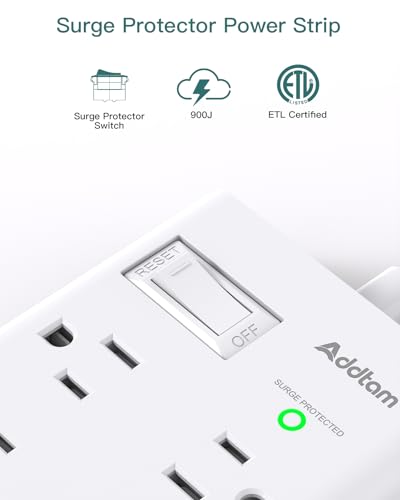 Surge Protector Power Strip - Addtam Flat Plug Extension Cord with 6 Outlet 4 USB Ports (2 USB C), 5FT Outlet Extender Strip for Home Office College Dorm Room Essentials