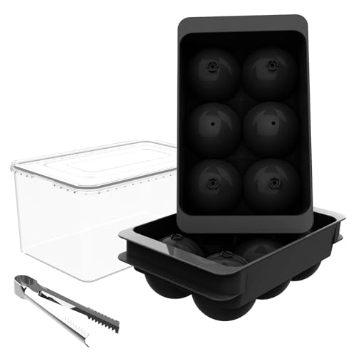 WIBIMEN Large Ice Cube Tray, 2IN Whiskey Ice Mold, 2 Pack Sphere Ice Cube Mold with Bin & Tong, Leak-free Round Ice Cube Mold, Easy Fill & Release Ice Ball Maker for Whiskey Cocktails Bourbon(Black)