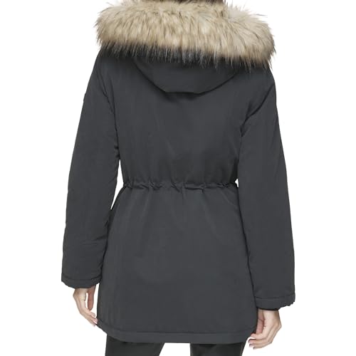 DKNY Women's Anorak Coat, Faux Fur Trim Black