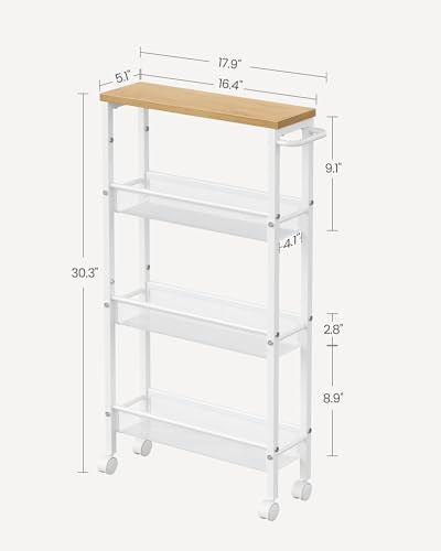 VASAGLE Slim Rolling Cart, 4-Tier Storage Cart, Narrow Cart with Handle, 5.1 Inches Deep, Metal Frame, for Kitchen, Dining Room, Living Room, Home Office, Oak Beige and Classic White ULRC032W09