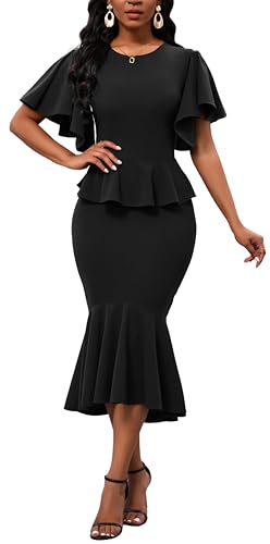 Ruffle Sleeve Fishtail Dress for Women Evening Elegant Cocktail Formal Peplum Midi Mermaid Dresses(Black Small)