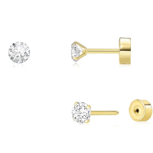 Dainty Threadless Flat Back Earrings, Surgical Steel Flat Back 2mm Stud Earrings in 14K Gold Plated Hypoallergenic | Cartilage Earring | Helix Piercing Jewelry | Push in Flat Back Earrings for Women