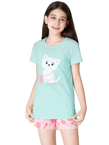 Tebbis Summer Pajamas for Little/Teen Girls – Pink & Cute Cat PJS Cute Jammies Set Size 5T