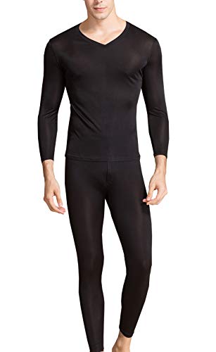 Grenasasilk Men's Silk Long Johns Mulberry Silk Long Underwear V-Neck Breathable Thermal Underwear Sets & Undergarments (S, Black)