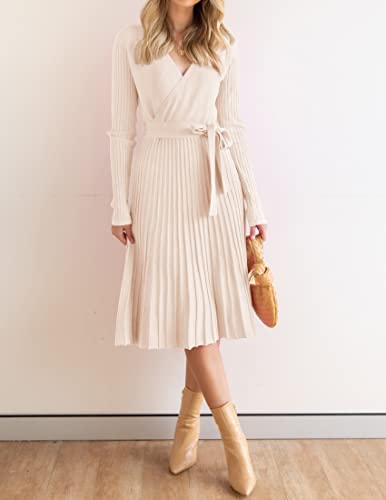 ZESICA Women's 2024 Fall Long Sleeve Wrap V Neck Ribbed Knit Pleated A Line Pullover Sweater Dress with Belt,Maple,Large