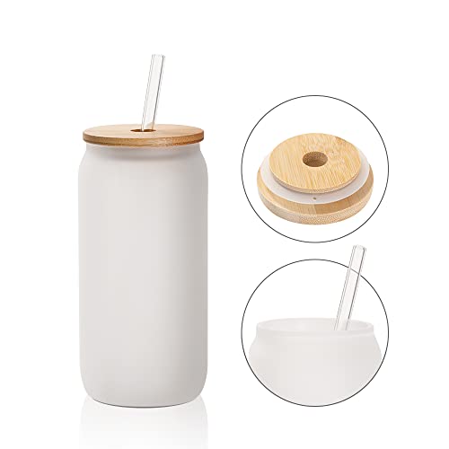 PYD Life Sublimation Glass Blanks Cans Frosted Tumblers 18 OZ with Bamboo Lid and Plastic Straw Beer Cans Cups for Tumbler Heat Press 6 Pack