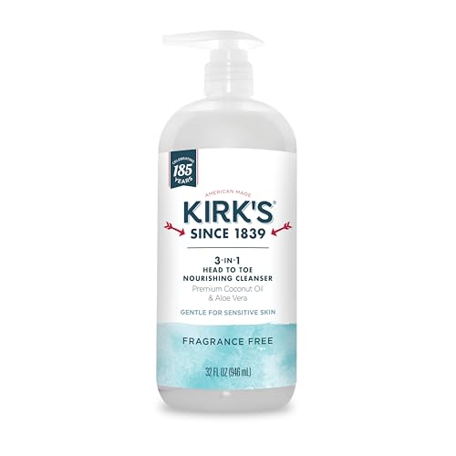 Kirk's 3-in-1 Head to Toe Nourishing Liquid Cleanser- for Men, Women & Children - Premium Coconut Oil & Aloe Vera- Non GMO & Vegan -Fragrance Free - 32 Fl Oz.