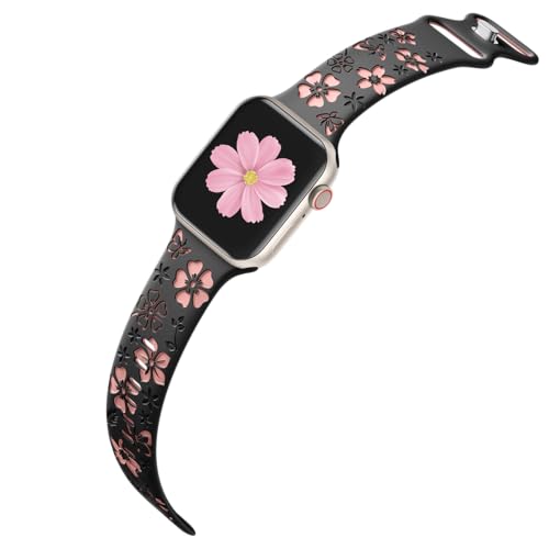 CreateGreat Floral Engraved Band Compatible with Apple Watch Band 40mm 41mm 38mm, Two-Tone Soft Silicone Cute Flower Sport Strap for iWatch Bands Women Series 9 8 7 6 5 4 3 2 SE,Ultra/2-BK/PK