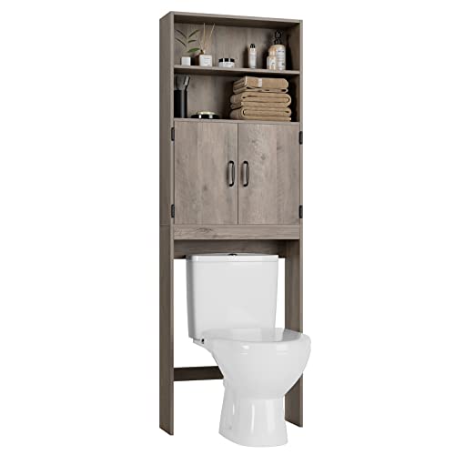 HOSTACK Over The Toilet Storage, Double Door Bathroom Organizer Toilet Cabinet, Freestanding Above Toilet Rack with Open Shelves and Adjustable Bottom Bar, 76.8 in H, White