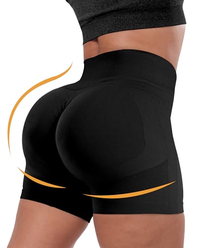 CHRLEISURE Women's 4 Packs Workout Gym Shorts, High Waisted Butt Lifting Scrunch Butt Seamless Booty Shorts(Black,Gray,Tie dyed Black/Purple, L)