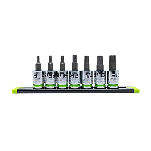 GRIPEDGE HEX Bit Socket Set | 7-PC - 3/8'' Drive Short SAE RPT Hex Driver Set | Sizes 1/8'' - 3/8'' | Made With S2 Steel | Includes Premium Aluminum Storage Rail |