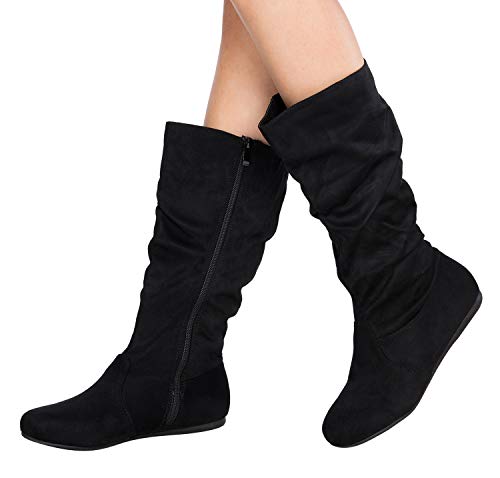 Olivia K Womens Low Heel Mid-Calf Slouchy Suede Slip On Casual Boots with Side Zipper