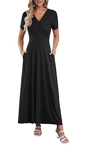 AUSELILY Maxi Dresses for Women Ankle Length Floral Print Beach Long Flowy Dress with Pockets Red Flowers M