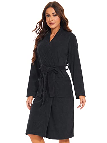 Knuffnee Women Bath Robes Terry Cloth Towel Robe Knee Length Bathrobe with Pockets Black S