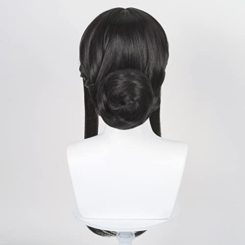 LABEAUTÉ Black Wig for with Bun Anime Straight Black Wig with Bangs Halloween Costume Party Wig + Wig Cap (Black)