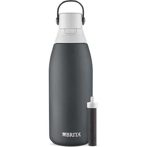 Brita Stainless Steel Premium Filtering Water Bottle, BPA-Free, Reusable, Insulated, Replaces 300 Plastic Water Bottles, Filter Lasts 2 Months or 40 Gallons, Includes 1 Filter, Carbon - 32 oz.