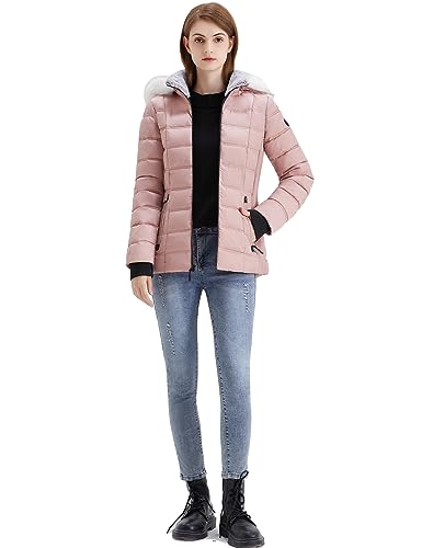 SLOWTOWN Women's Puffer Jacket Warm Hooded Winter Puffy Jacket with Faux-Fur Trim and Collar (Pink, Small)