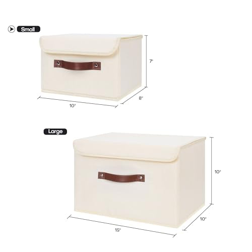 ANMINY 4PCS Storage Bins with Lid PU Leather Handles Storage Boxes PP Plastic Board Decorative Foldable Lidded Cotton Linen Fabric Home Cubes Baskets Closet Organizer Containers - Purple, Large Size