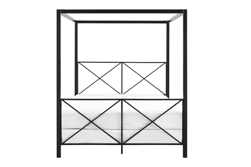 DHP Rosedale Metal Canopy Bed Frame with Four Poster Design and Geometric Accented Headboard and Footboard, Underbed Storage Space, Queen, Black