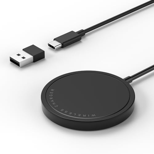 PINRUIGE Wireless Charger, 15W Max Fast Magnetic Wireless Charging Pad Compatible with iPhone 15/14/13/12 with USB-A Converter Black