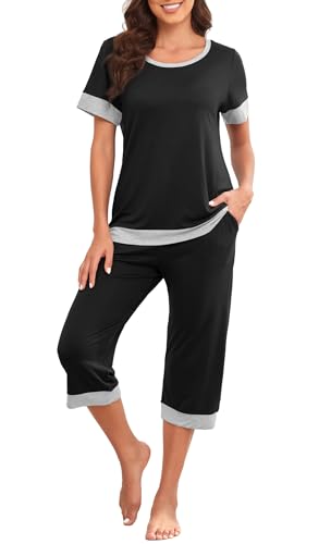 PrinStory Women's Pajama Set Short Sleeve Shirt and Capri Pants Sleepwear Pjs Sets Lounge Set Light Khaki-M
