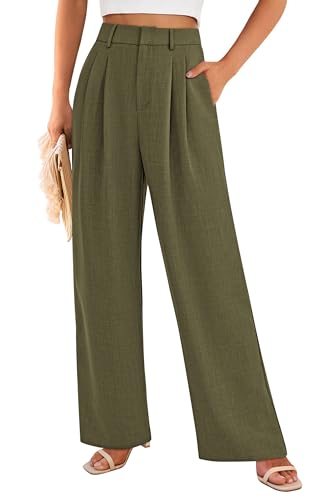 PRETTYGARDEN Women's Summer Work Pants Elastic High Waisted Straight Leg Business Casual Dressy Trousers Slacks with Pockets (Army Green,Small)