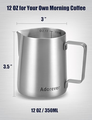 Adorever Milk Frothing Pitcher, 12oz Stainless Steel Milk Frother Cup Steaming Pitcher, Cappuccino Espresso Accessories Coffee Bar Barista Tools, Steamer Cup Milk Jug with Latte Art Pen, Matte Steel