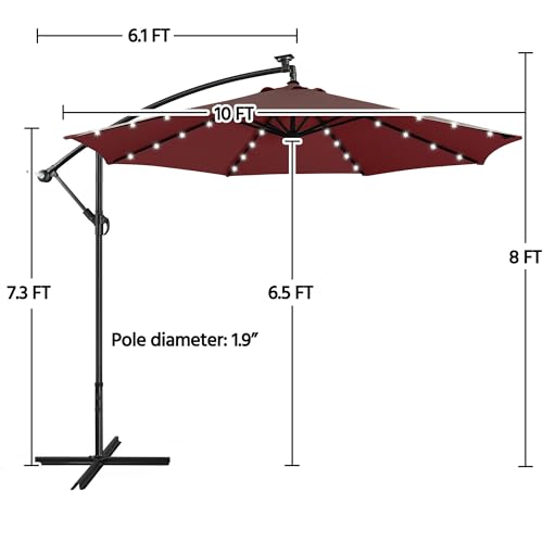 Yaheetech 10FT Solar Offset Umbrella with 32 LED Lights Cantilever Hanging Outdoor Umbrellas Handy Crank & Cross Base for Lawn/Deck/Backyard/Pool Burgundy