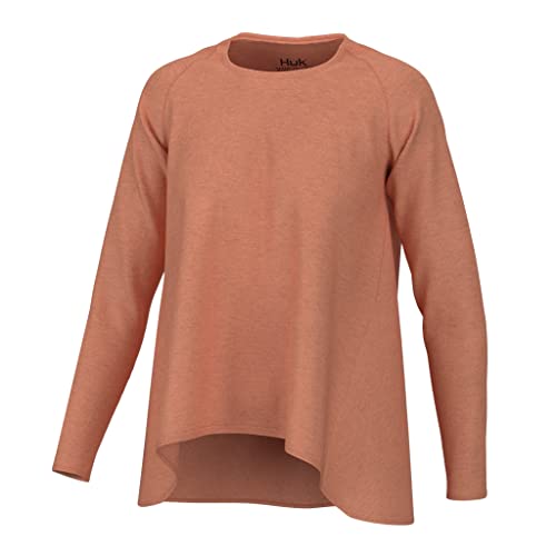 HUK Standard Waypoint Flow Crew, Long-Sleeve Relaxed Fit Shirt for Women, Coral Reef, X-Small