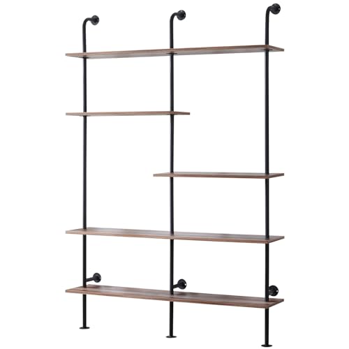 HOMISSUE Industrial Bookshelf, 6-Tier Tall Wall Mounted Bookshelf 81.88", Open Ladder Shelf Bookcase with Pipe Frame and Wood Style Shelf for Home Office Living Room, Brown