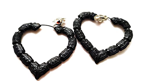 Clip-on Earrings Large Bamboo Heart Hoop Earrings Assorted Colors 3.5 inch (Black)