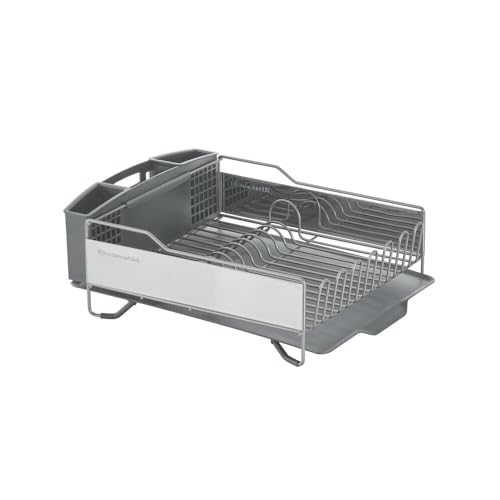 KitchenAid Large Capacity,Full Size, Rust Resistan Dish Rack Angled Drain Board and Removable Flatware Caddy, Light Grey